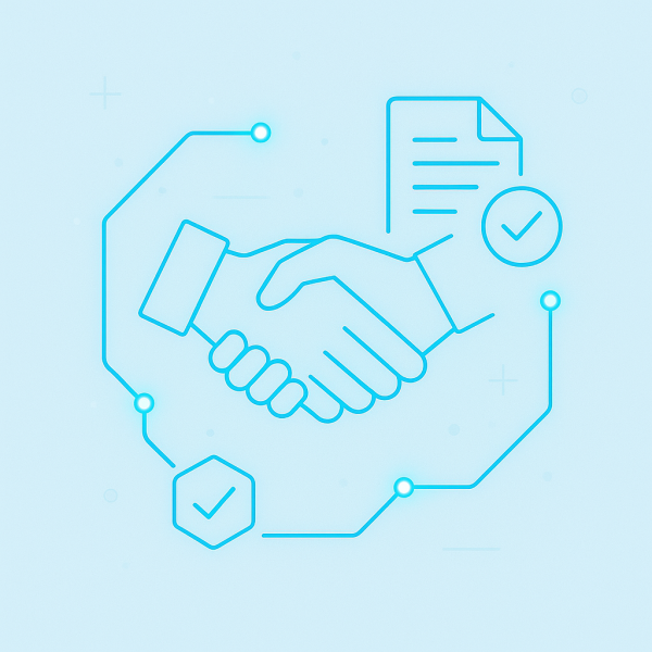 Handshake graphic with document and checkmarks, light blue lines.