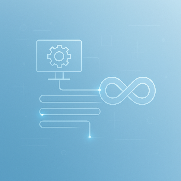 Computer gear and infinity loop graphic on blue background.
