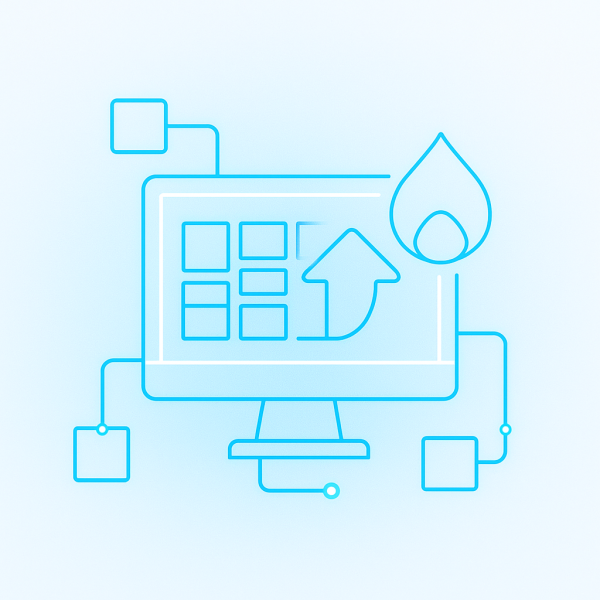 Computer monitor with arrow and droplet symbol, networked squares.