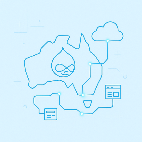 Map outline of Australia with tech icons connected.