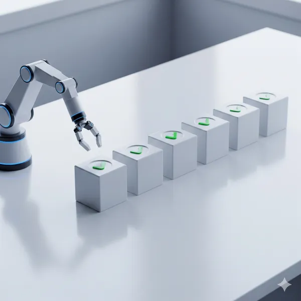 Robot arm arranging cubes with green checkmarks on a white table.