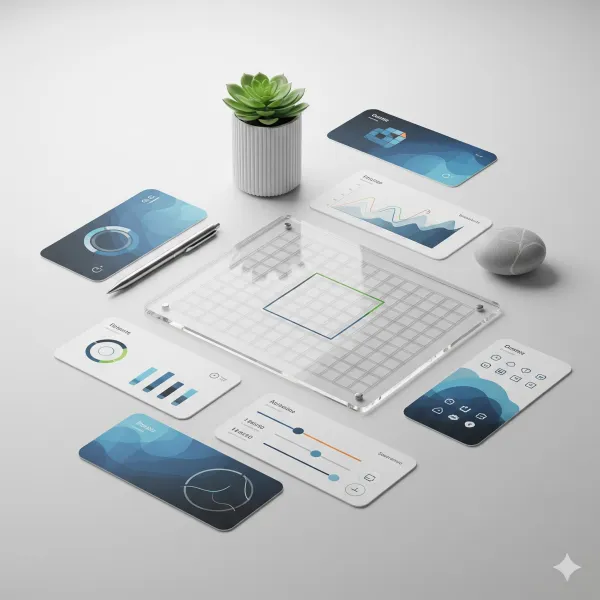 Interactive digital dashboard layout with charts and a plant.