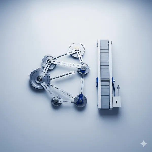 Mechanical gears connected to a vertical sliding mechanism on a light background.