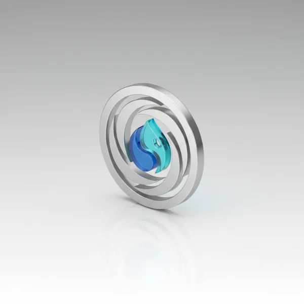 3D silver and blue logo with swirl design on gray gradient background.
