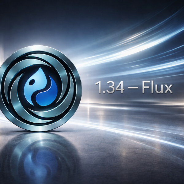 A blue and black logo on a glowing abstract background.