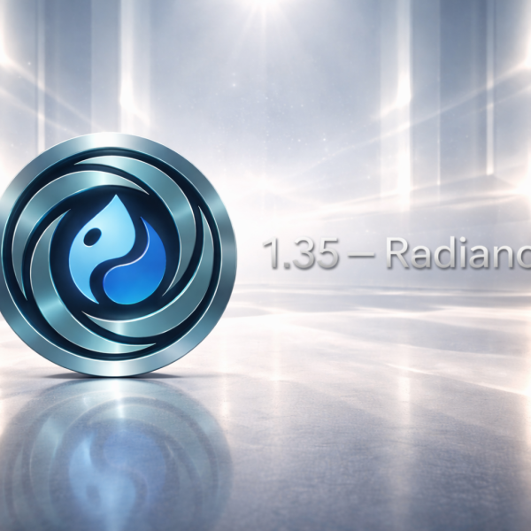 Shiny metallic logo with a blue swirl on a reflective surface.