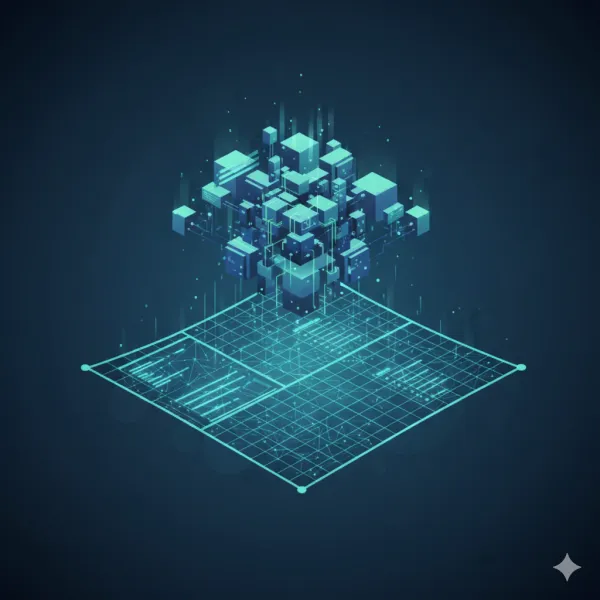3D digital grid with glowing cubes floating above, set on a dark blue background.