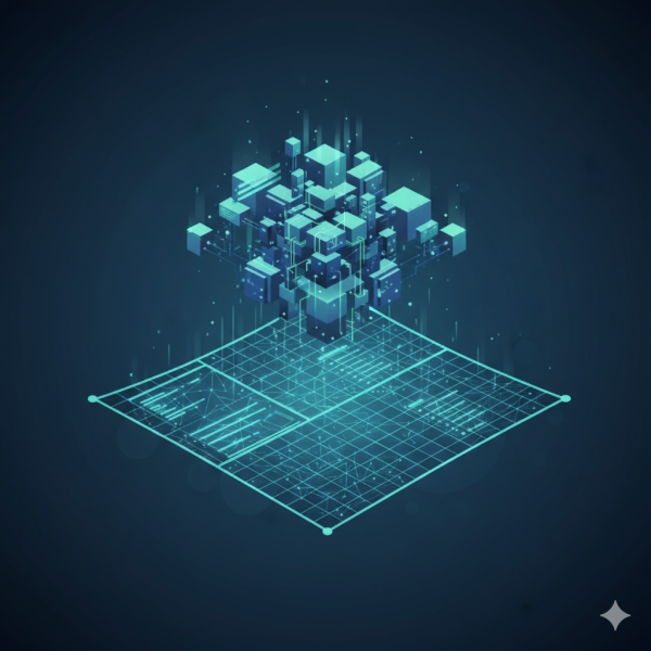 3D digital grid with glowing cubes floating above, set on a dark blue background.