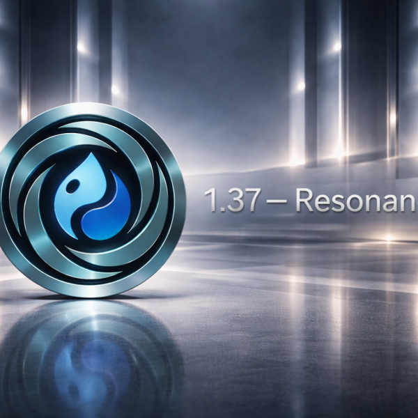 Silver and blue logo, glossy reflective floor. Text reads: "1.37 - Resonance".