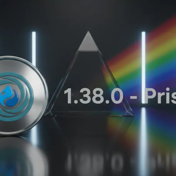 Polished chrome medallion on the left bearing the Vortex blue water-droplet swirl logo; on the right, light-grey sans-serif text reads "1.38.0 - Prism"; behind it, a dark studio with tall vertical light columns and a triangular glass prism dispersing white light into a vivid rainbow spectrum across a glossy mirror floor. 