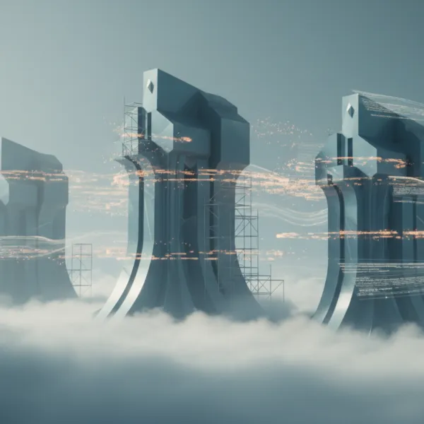 Three tall translucent architectural towers rising from soft mist, connected by warm amber light trails against a cool slate-blue sky.