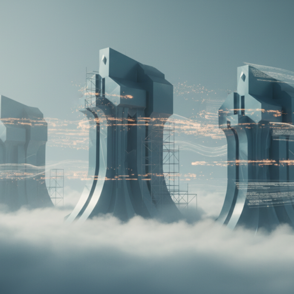 Three tall translucent architectural towers rising from soft mist, connected by warm amber light trails against a cool slate-blue sky.