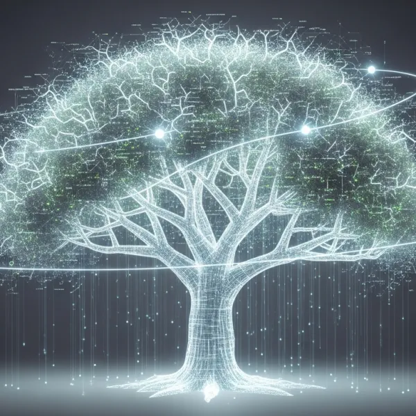 Digital tree with glowing branches and orbiting rings.