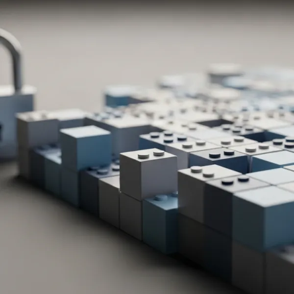 Silver padlock next to a structured grid of light blue and white building blocks.