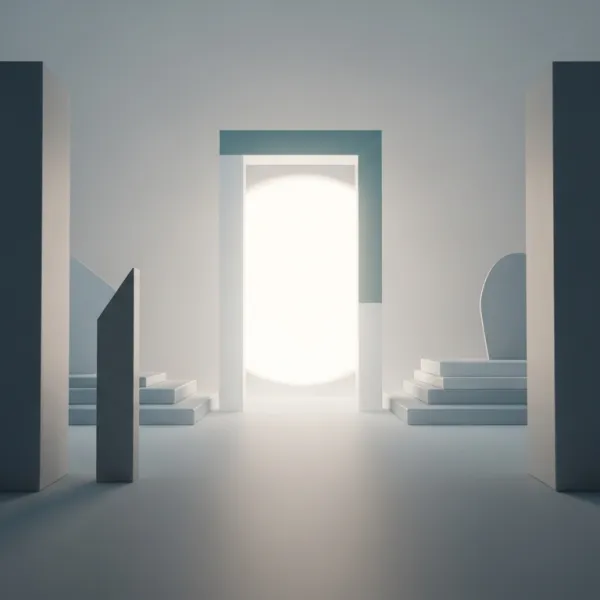 Minimalist architectural hallway with a bright doorway ahead.