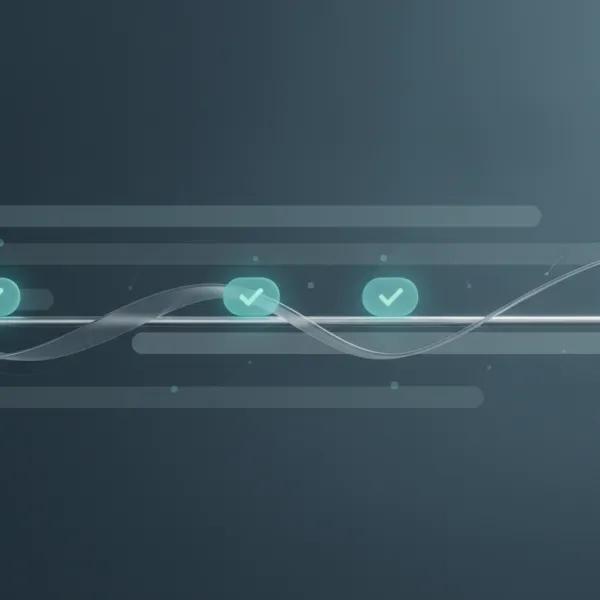 A calm, minimalist illustration in deep slate blue and teal: a continuous flowing line crosses a series of tiers marked with small teal check-marks, suggesting a platform brought up to its latest version with passing tests at each stage.