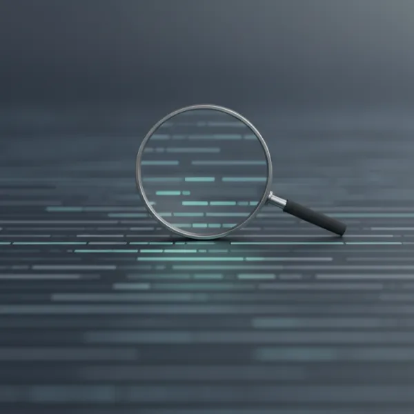 A magnifying glass held over lines of code on a dark screen, suggesting close review of software