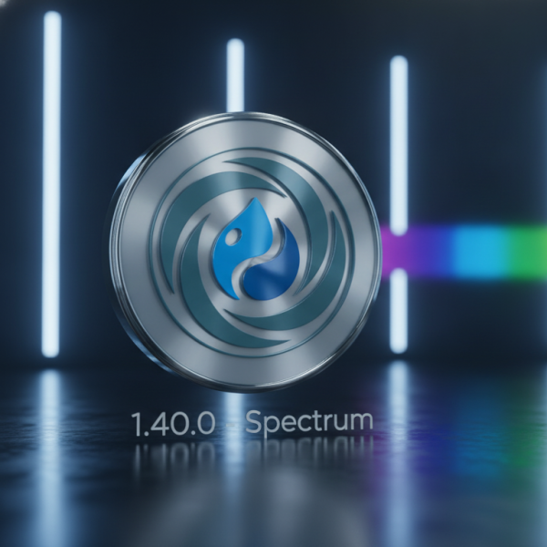 The Vortex 1.40.0 Spectrum release hero: a metallic emblem holding the blue Drupal drop logo, lit by vertical light bars and a horizontal rainbow spectrum across a dark, reflective studio backdrop.