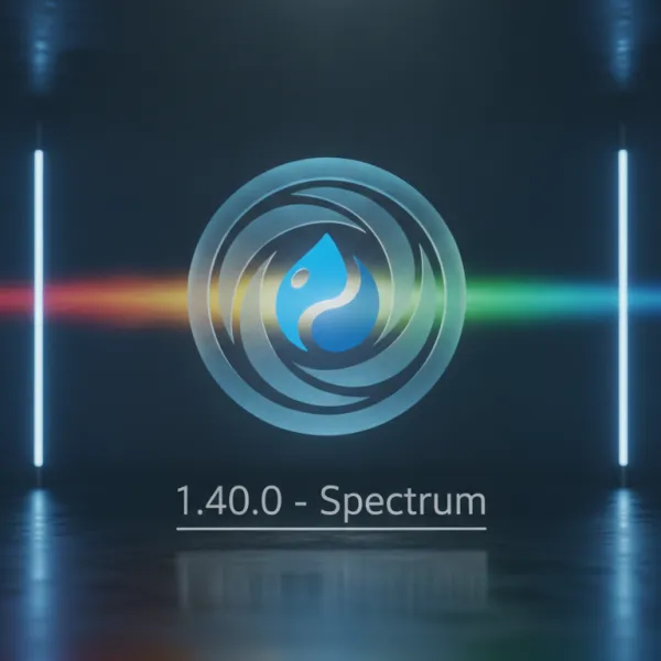 Logo with a water droplet inside a circular design, set against a rainbow spectrum and neon lights.