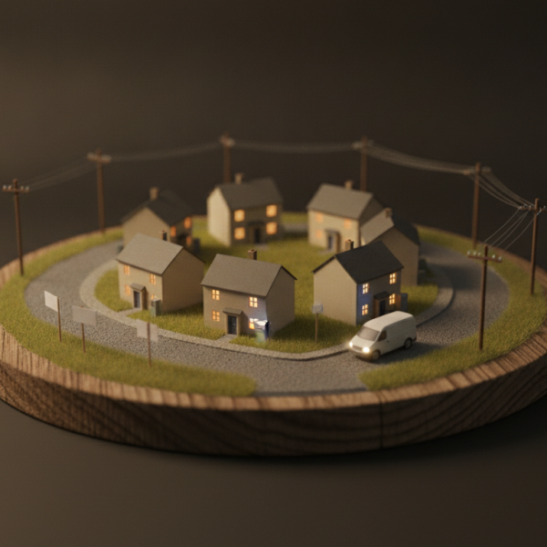 Illustration: a street grid resolving to a single energy meter and a set of plan options