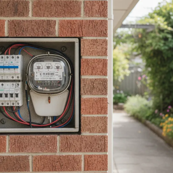 Outdoor electrical meter and breakers mounted on a brick wall with a garden path.