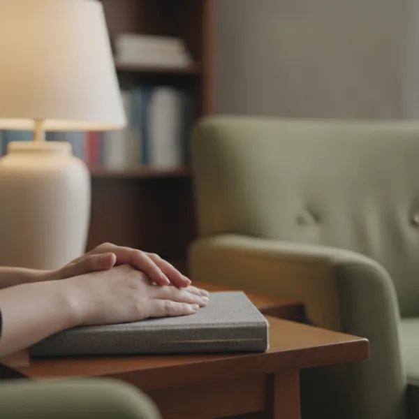 Hands resting on a closed notebook in a quiet consulting room