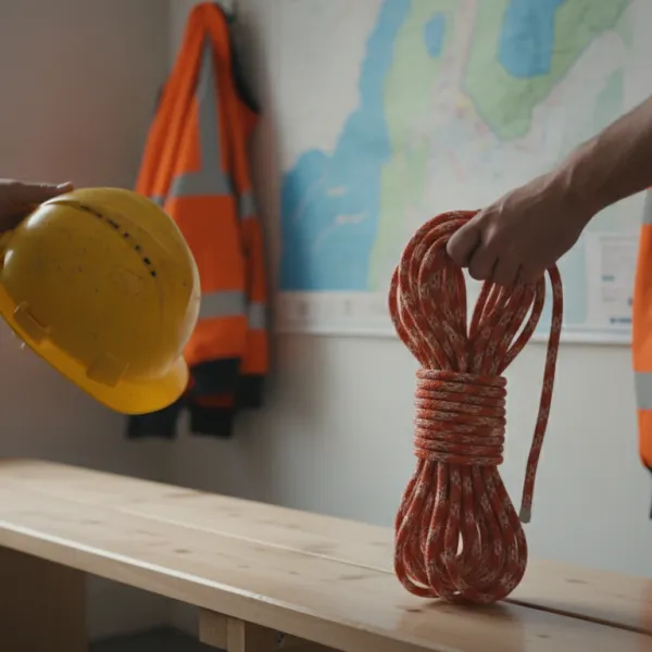 Hands lifting a hard hat and rescue rope from a station bench