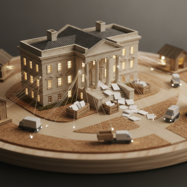 Illustration: government datasets flowing outward to the public who find, download and reuse them