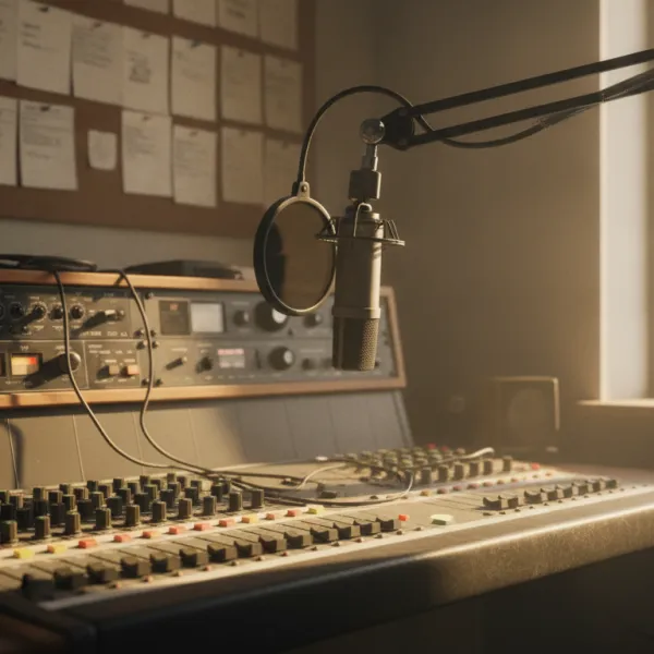 A vintage audio mixing board with a microphone on a boom arm, bathed in warm sunlight.