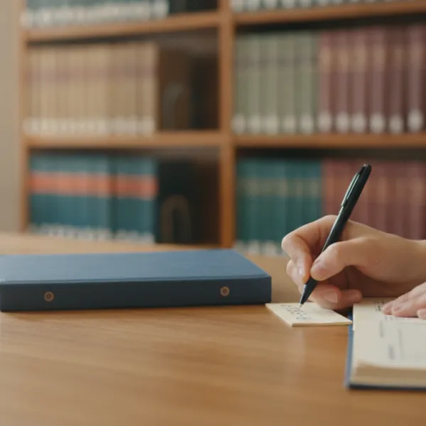 Hands writing a reference onto a card beside a research report