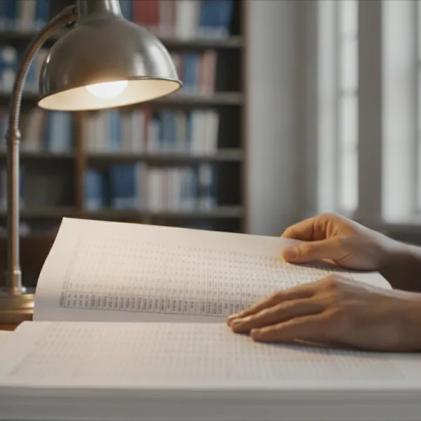 Hands turning pages of a printed data table at a reading desk