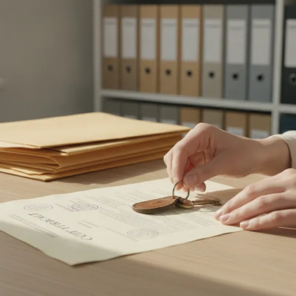 Hands placing house keys onto a property contract