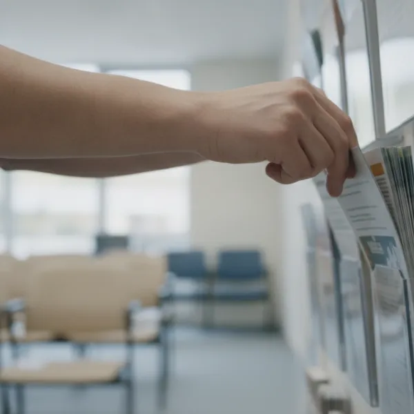 Hands restocking leaflets in a public service rack