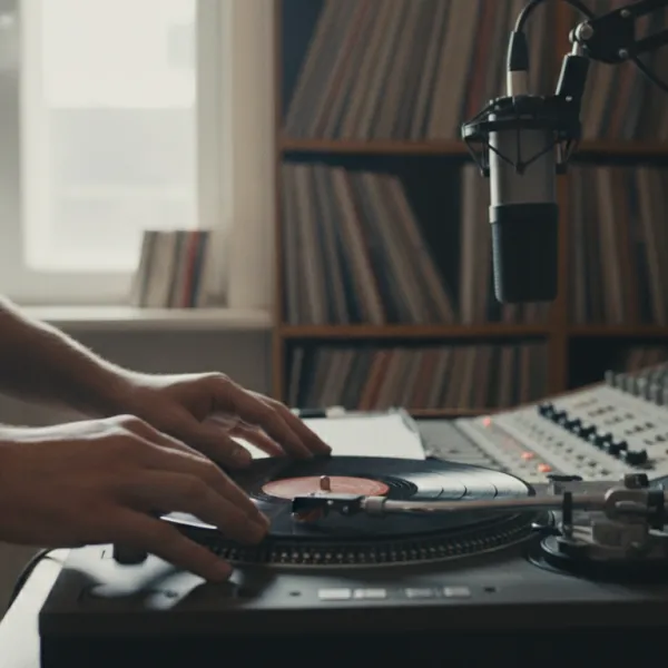 Hands cueing a record on a turntable in a radio studio