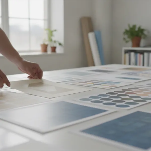 A pair of hands laying printed brand sheets across a studio table