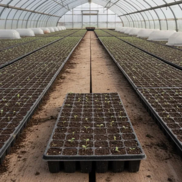 Rows of identical seedling trays in a glasshouse, one tray pulled out onto the path