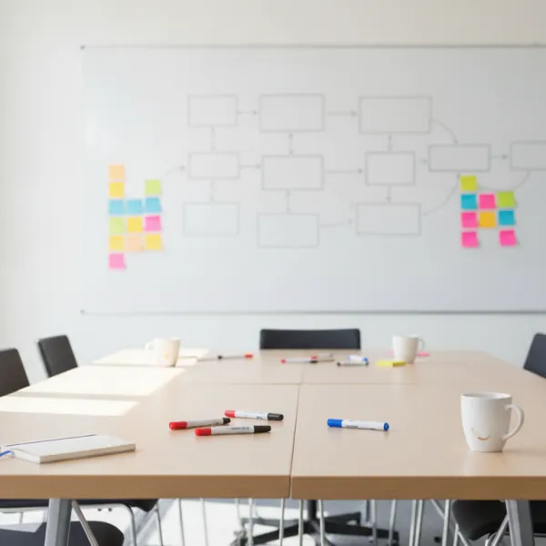 An empty meeting room after a planning workshop, with boxes joined by arrows drawn on a whiteboard and marker pens and coffee cups left on the table