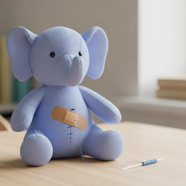 A pale blue plush elephant on a timber desk with a plaster over a freshly stitched seam, a needle and blue thread beside it