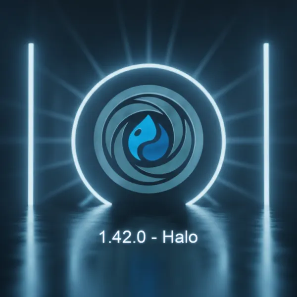 The Vortex logo inside a glowing ring in a dark hall of light bars, with the label '1.42.0 - Halo' beneath it