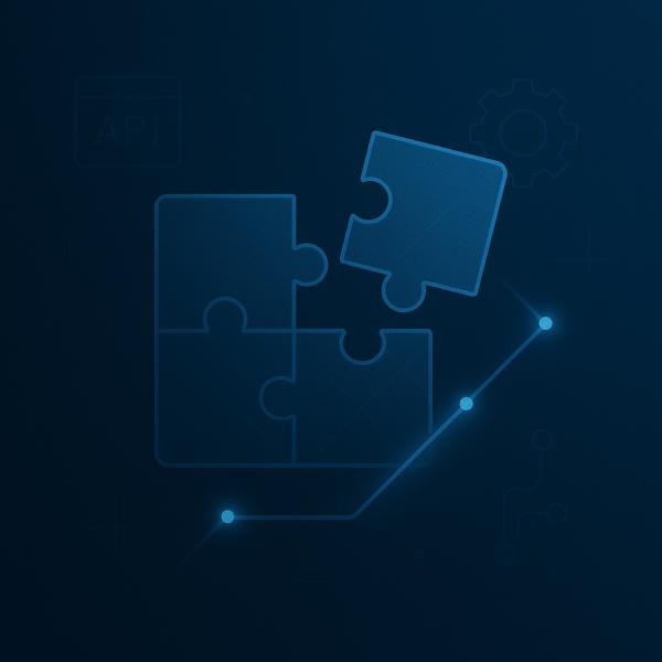 Puzzle pieces, gears, and APIs merging into a central hub