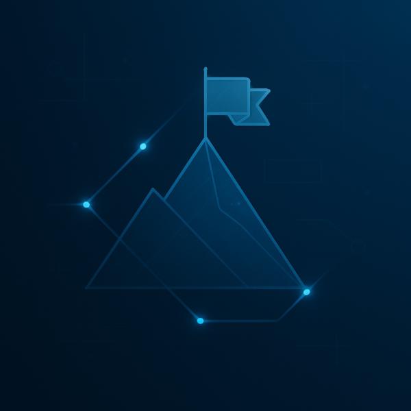A mountain peak with a flag, rendered in a geometric blueprint style
