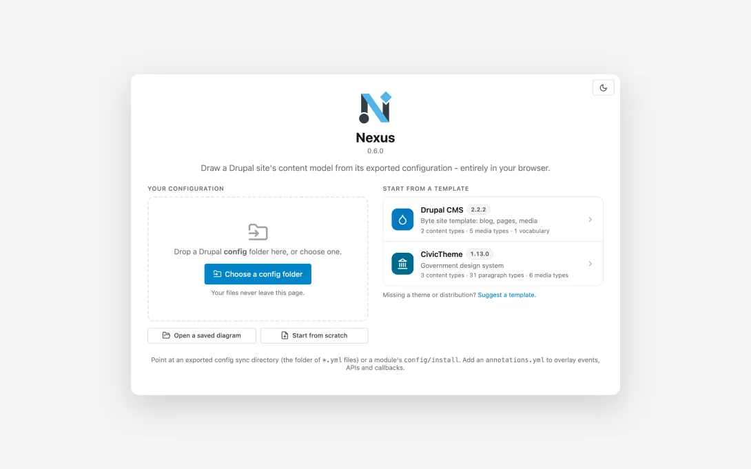 The Nexus landing screen, with a drop zone for a Drupal configuration folder and 2 ready-made templates