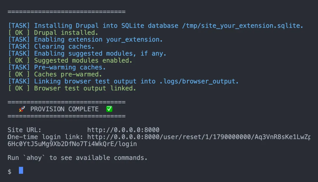The end of an Eddy build: Drupal installed on SQLite, the extension enabled, and a one-time login link ready to use