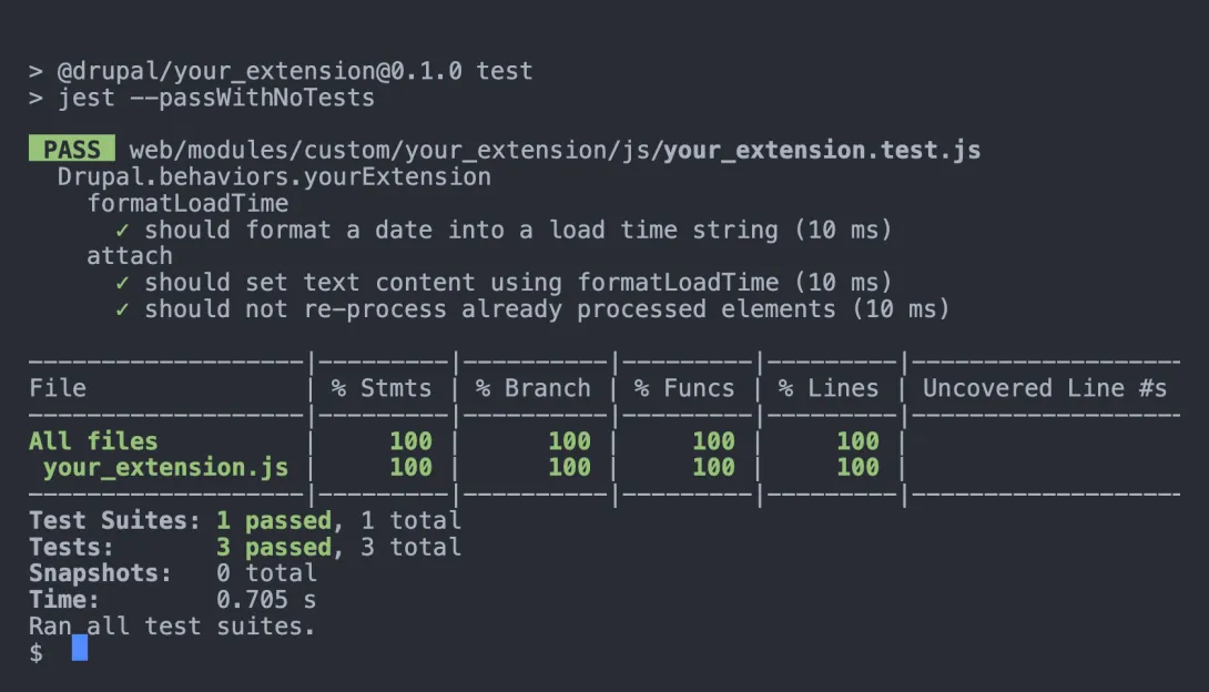 Eddy's test run finishing with the example extension's Jest tests passing at 100% coverage