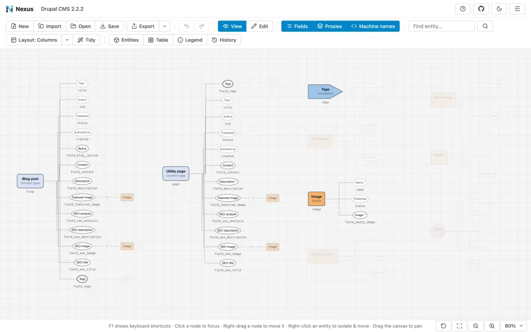 Nexus with the image media type focused: the content types that reference it stay in full colour while the rest of the diagram fades